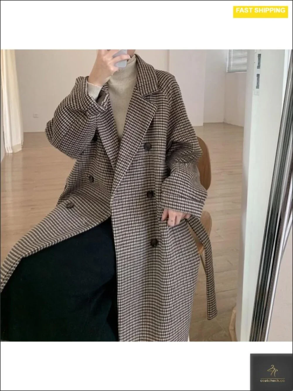 Women's Plaid Tweed Blazer Trench Coat Double Breasted Belted Midi Pea Coat